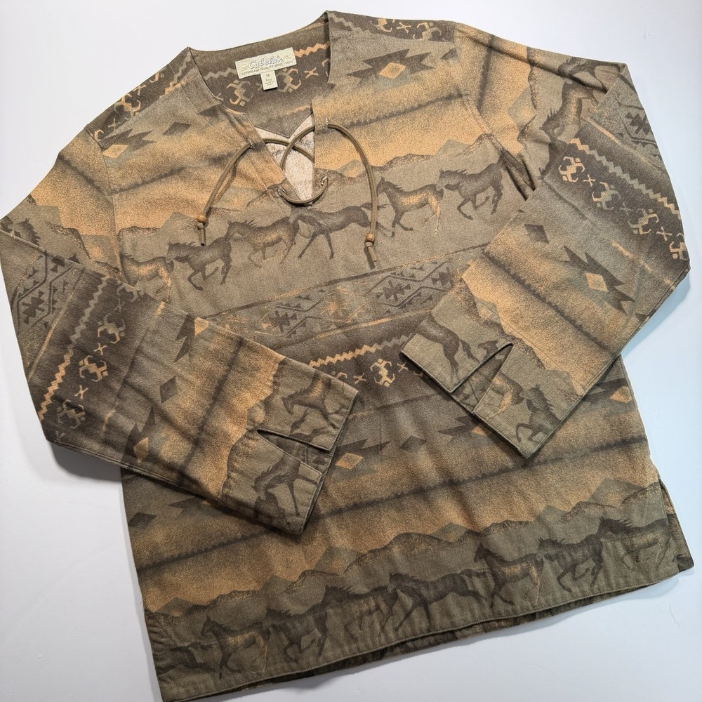 Cabela's Women's Western Tunic Horses M Lace Up Collar Vintage 100% Cotton